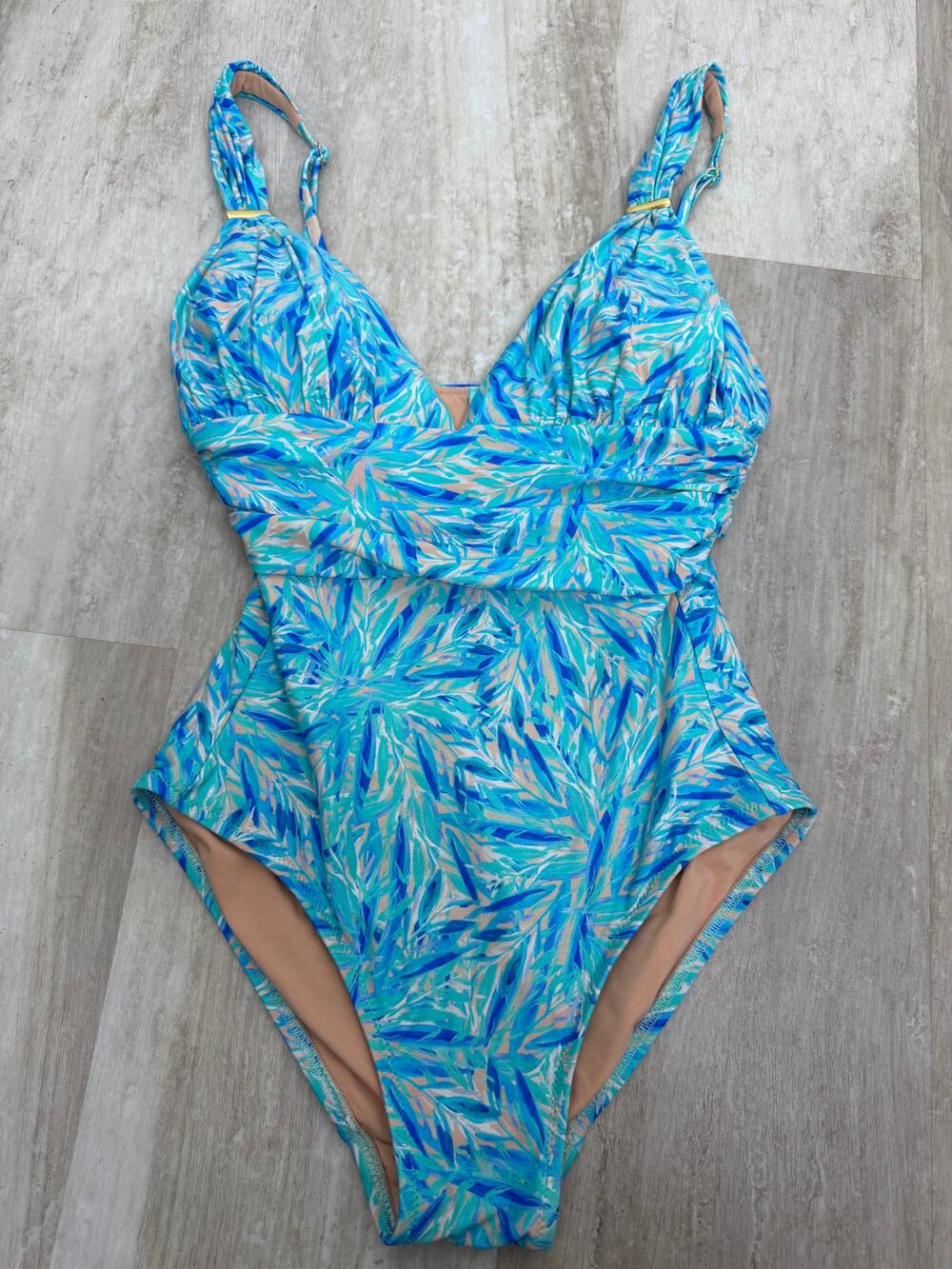 Melissa Odabash Panarea One Piece Swimsuit Size 4 Blue Palm Print